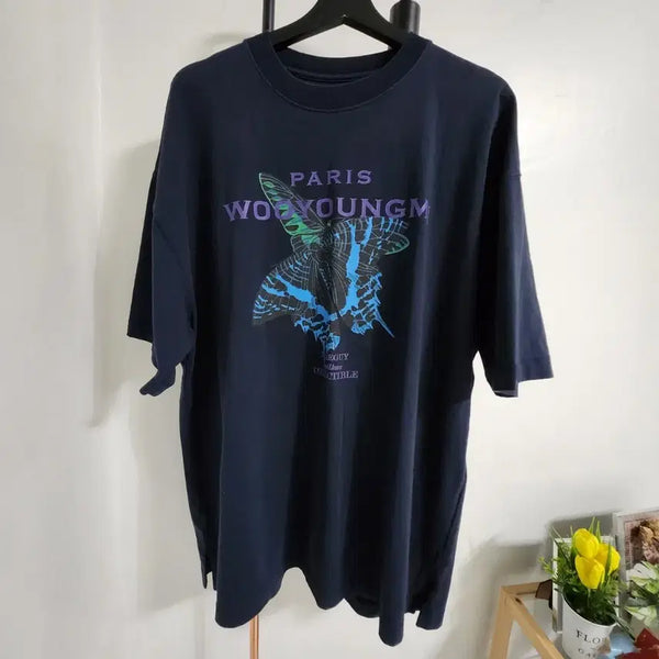 [BUNJANG] Wooyoungmi Paris Butterfly Print Short Sleeve T-Shirt Navy / 우영미 파리 나비 프린팅 반팔 티셔츠 네이비