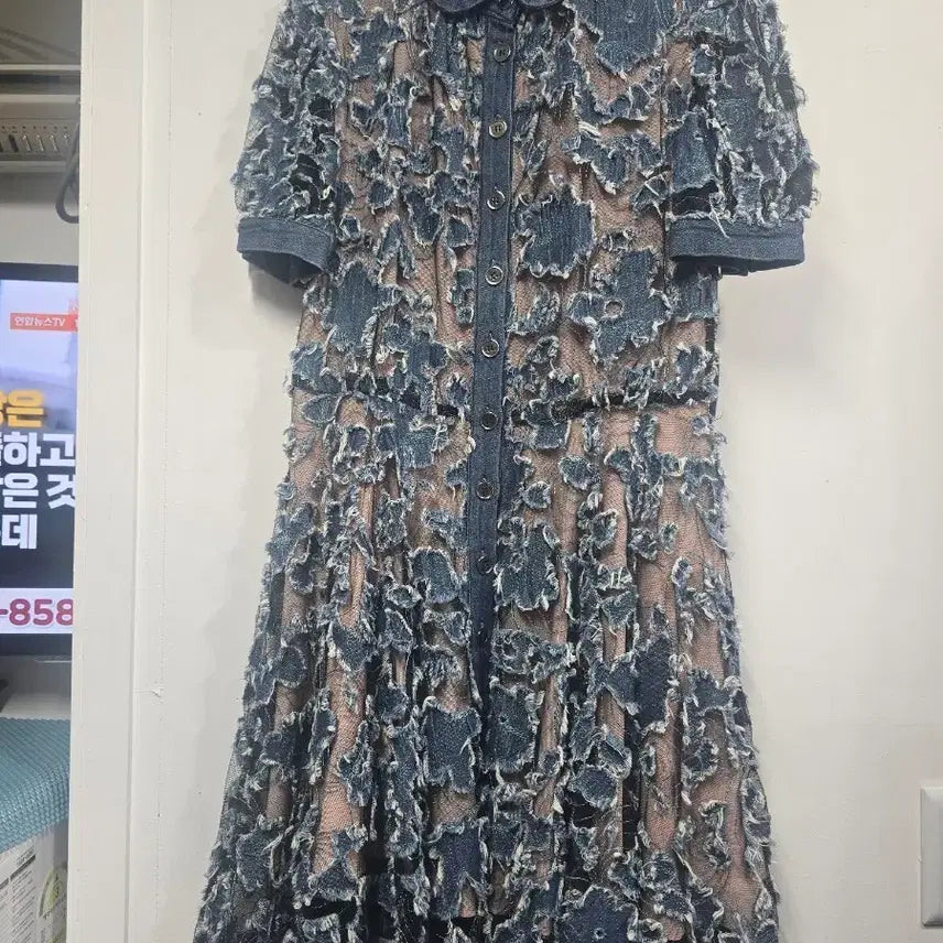 [BUNJANG] Denim Lace Short-Sleeve Long Dress / 데님 레이스 반팔 롱 원피스