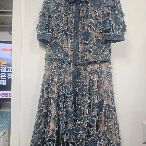 [BUNJANG] Denim Lace Short-Sleeve Long Dress / 데님 레이스 반팔 롱 원피스