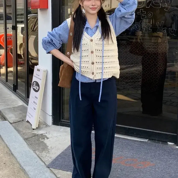 [BUNJANG] Twill Cotton Basic Wide Pants Navy / 트윌 코튼 베이직 와이드 팬츠 네이비