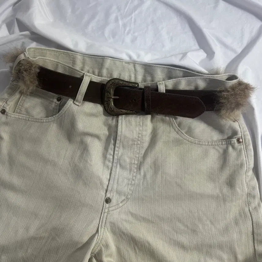 [BUNJANG] Vintage Suede Leather Western Belt with Fur Trim / 빈티지 퍼 트리밍 스웨이드 레더 웨스턴 벨트
