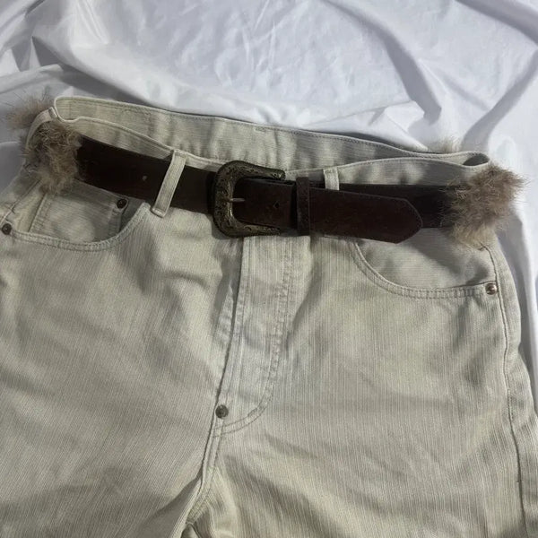 [BUNJANG] Vintage Suede Leather Western Belt with Fur Trim / 빈티지 퍼 트리밍 스웨이드 레더 웨스턴 벨트
