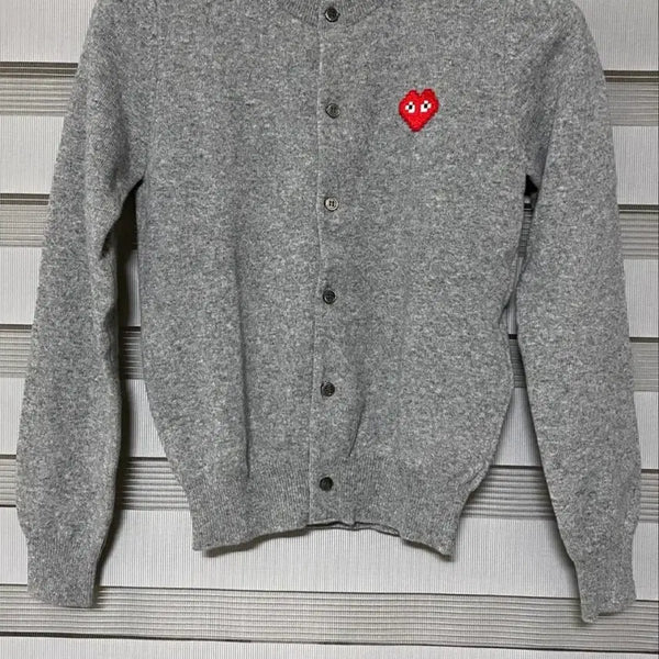 [BUNJANG] Comme des Garçons PLAY Pixel Heart Logo Embroidered Cardigan Grey L / 꼼데가르송 PLAY 가디건 그레이 L