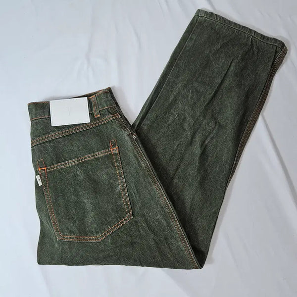 [BUNJANG] Deep Green Leather Patch Single-Pleat Denim Pants / T 딥그린 가죽패치 원턱 데님팬츠 바지 진 워싱 청바지 1