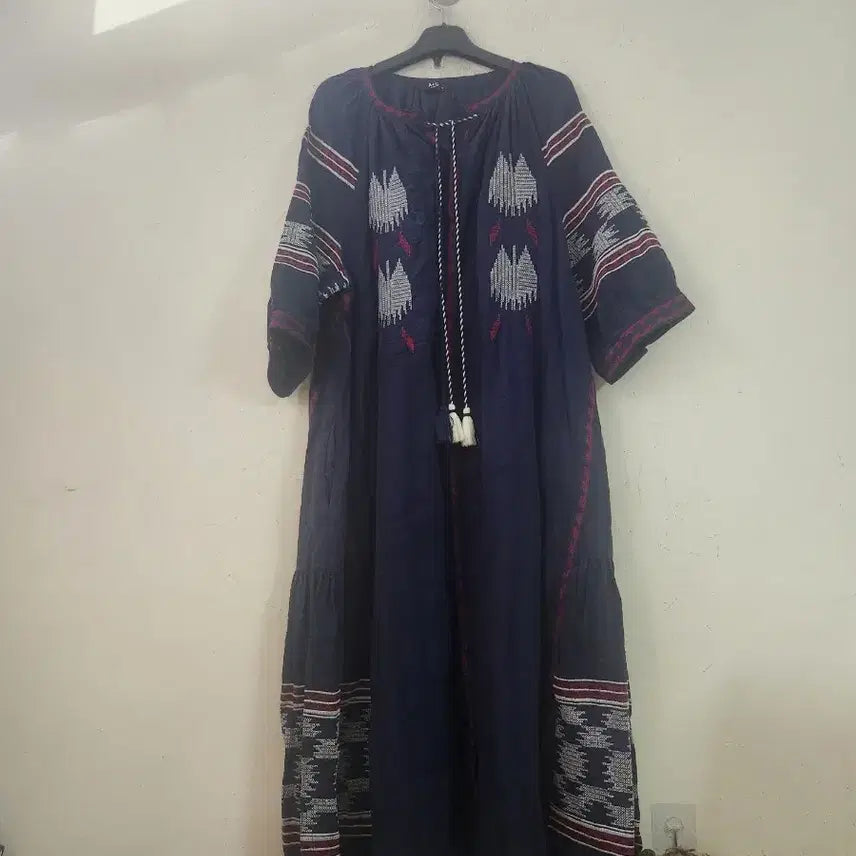 [BUNJANG] Ethnic Pattern Long Dress Navy / 에스닉 패턴 롱 원피스 네이비