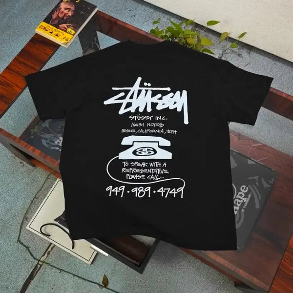 [BUNJANG] Stussy Black Short Sleeve T-Shirt 'Telephone Logo' Print / 스투시 검정 반팔 티셔츠 전화기 로고 프린트