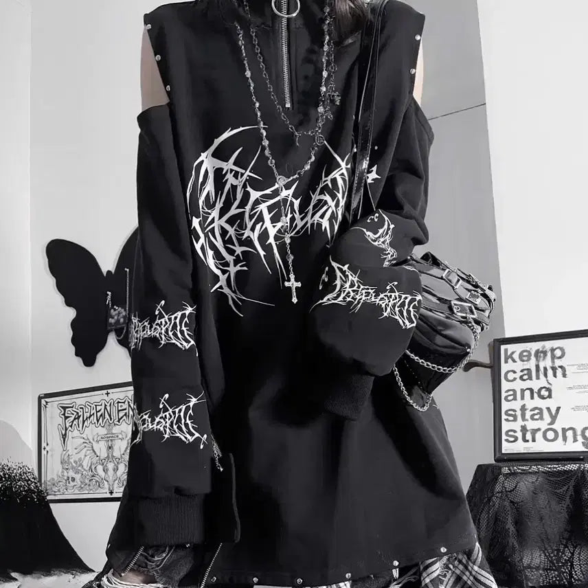 [BUNJANG] Streetwear Black Half-Zip Studded Hoodie T-Shirt / 중성계 스트릿패션 블랙 하프집업 스터드 후드티 티셔츠