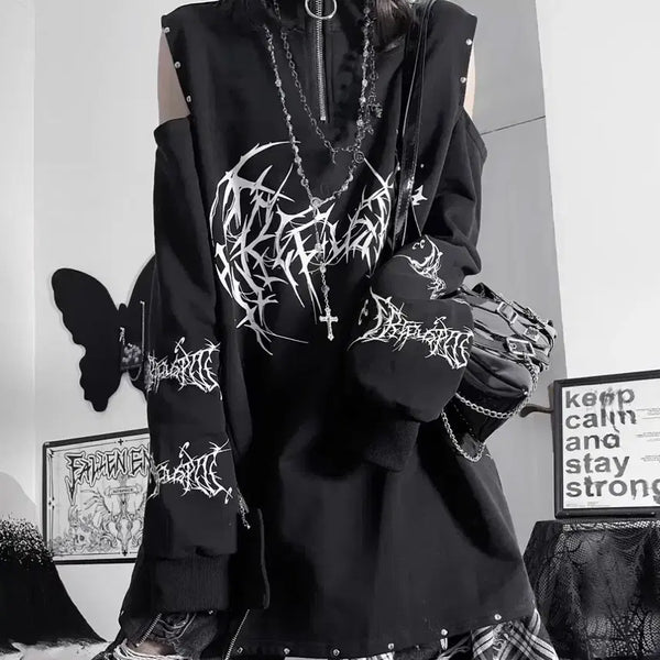 [BUNJANG] Streetwear Black Half-Zip Studded Hoodie T-Shirt / 중성계 스트릿패션 블랙 하프집업 스터드 후드티 티셔츠