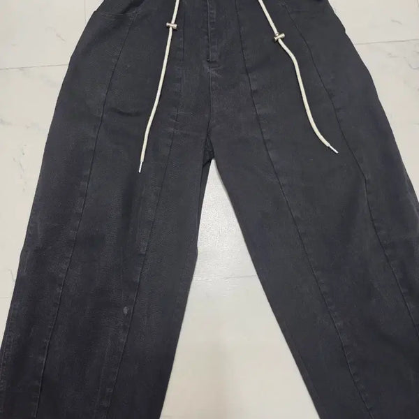 [BUNJANG] Black String Wide Denim Pants / 블랙 스트링 와이드 데님 팬츠