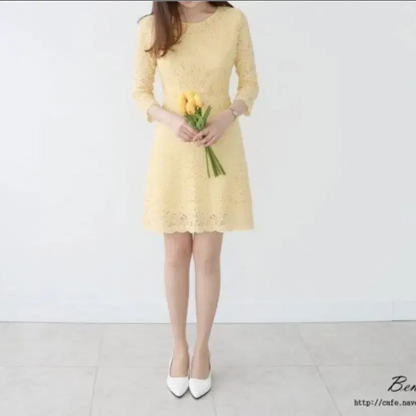 [BUNJANG] BeNine Dandelion Lace Dress Yellow / [새상품] 비나인 단델리온 레이스 원피스 옐로우 하객룩 오피스룩