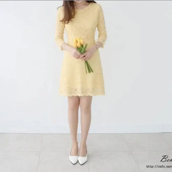 [BUNJANG] BeNine Dandelion Lace Dress Yellow / [새상품] 비나인 단델리온 레이스 원피스 옐로우 하객룩 오피스룩