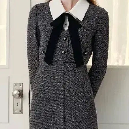 [BUNJANG] Melange Black Ribbon Collar Dress / [새상품]라인 리본 배색 카라 원피스