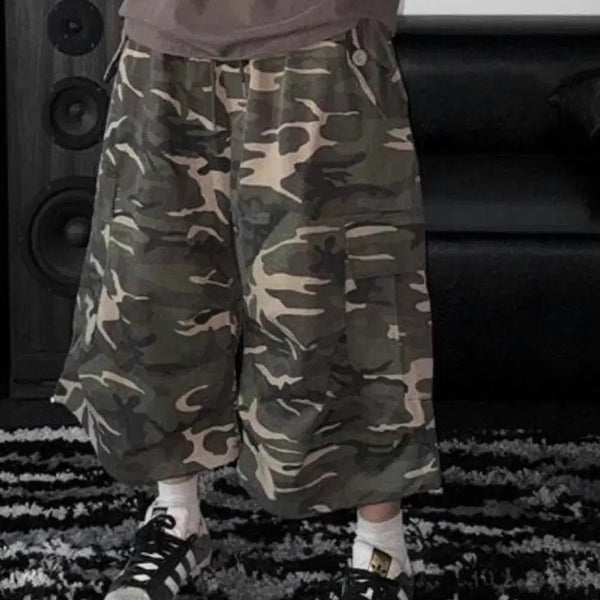 [BUNJANG] Camouflage 7-part Wide Cargo Pants / 카모 7부 와이드 카고 바지