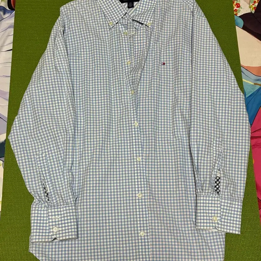 [BUNJANG] Tommy Hilfiger Sky Blue Cool Tone Check Oversized Fit Shirt Summer Coordination / 택포 타미힐피거 하늘색 쿨톤 체크 오버핏 셔츠 남방 여름 코디
