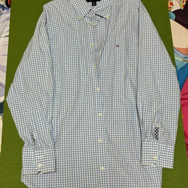 [BUNJANG] Tommy Hilfiger Sky Blue Cool Tone Check Oversized Fit Shirt Summer Coordination / 택포 타미힐피거 하늘색 쿨톤 체크 오버핏 셔츠 남방 여름 코디
