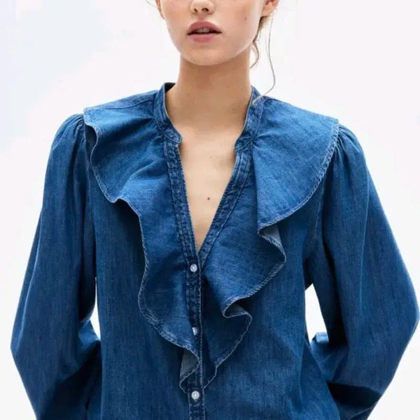 [BUNJANG] H&M Denim Ruffle Blouse / H&M 데님 프릴 블라우스