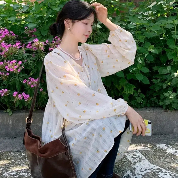 [BUNJANG] Flower Pattern Long Blouse / 플라워 패턴 롱 블라우스