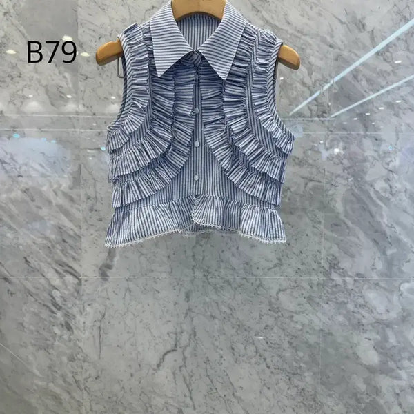 [BUNJANG] JS New York Style Striped Ruffle Contrast Sleeveless Blouse / js뉴욕스타일신상(당일발송)스트라이프 프릴 배색 민소매 나시 블라우스
