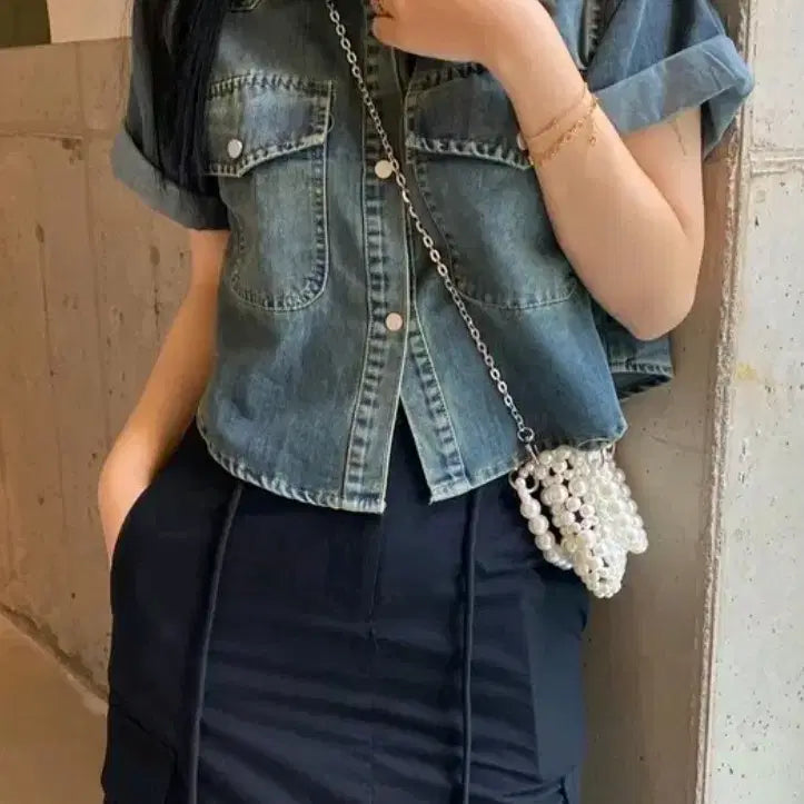 [BUNJANG] Logo Washing Denim Short-Sleeve Shirt / 로그 워싱데님 반팔 셔츠