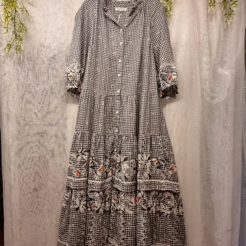 [BUNJANG] Thursday Island Flower Pattern Check Maxi Dress / 새옷 S 플라워 패턴 체크 맥시 원피스 써스데이아일랜드