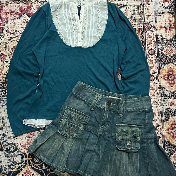 [BUNJANG] Nerd Nihonjin Lace Neck Blouse + Denim Pleated Skirt Coord Set / 너드 니혼진 레이스 넥 블라우스 + 데님 플리츠 스커트 코디