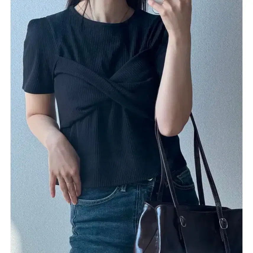 [BUNJANG] Ribbon Twist Ribbed Knit Short Sleeve Top (Black/Gray) / # (블랙/그레이) 리본 꼬임 골지 니트 반팔