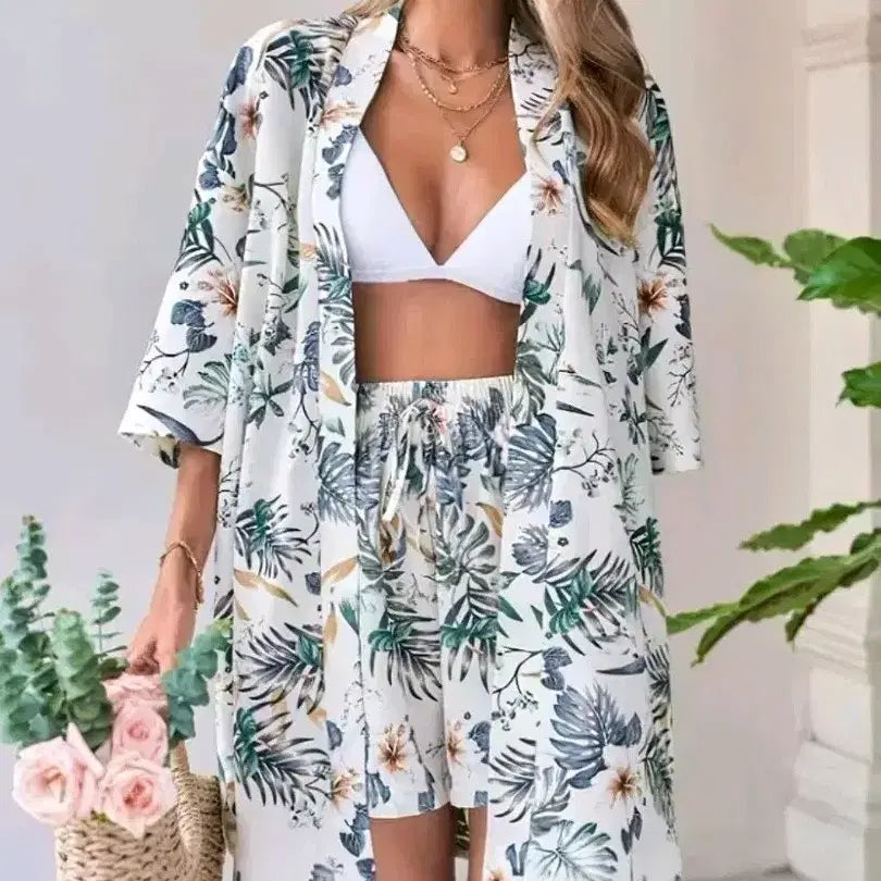 [BUNJANG] Tropical Print Wrap Blouse and Shorts Set / 랩 블라우스 반바지 세트.새상품