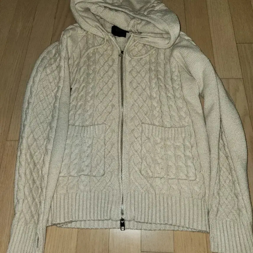 [BUNJANG] Ivory Cable Knit Hoodie Zip-up (M) / 아이보리 꽈배기 니트 후드집업 m