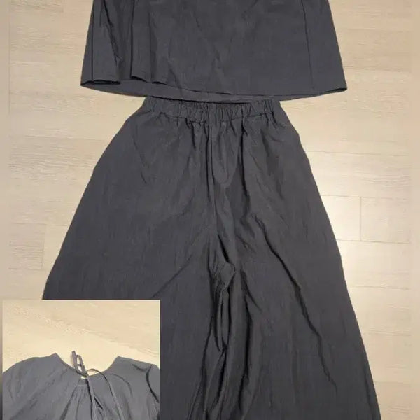 [BUNJANG] Charcoal Short Sleeve Blouse and Wide Pants Set / 차콜 반팔 블라우스 와이드 팬츠 세트