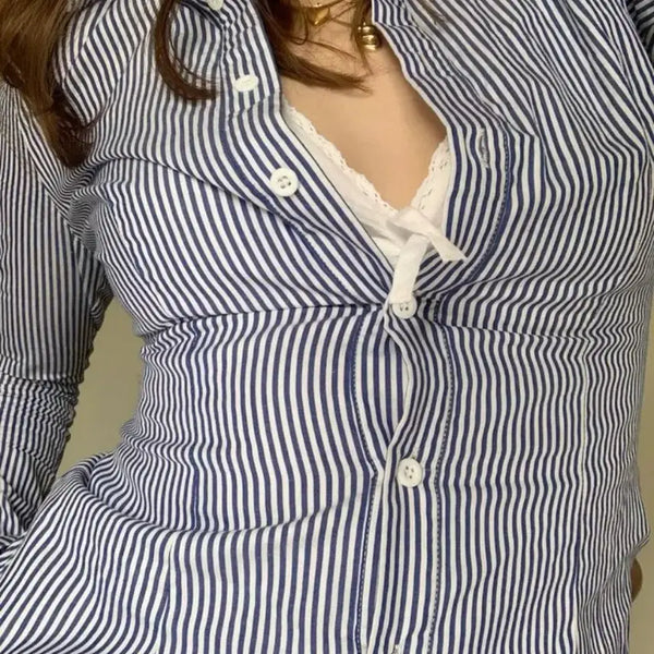 [BUNJANG] Stripe Slim Fit Long Sleeve Shirt Sky Blue / 긱시크 스트라이프 슬림핏 긴팔 셔츠 스카이블루