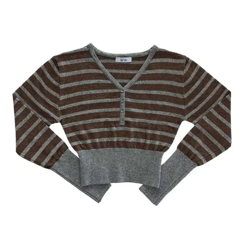 [BUNJANG] Az on Stripe Button Knit Brown / 애즈온 스트라이프 버튼 니트 브라운