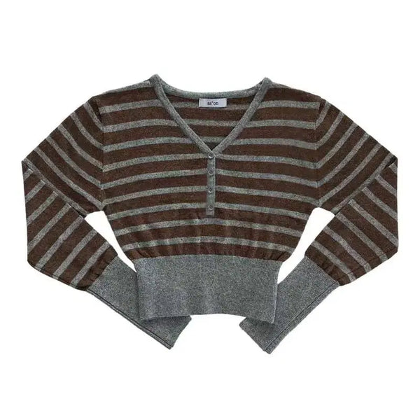 [BUNJANG] Az on Stripe Button Knit Brown / 애즈온 스트라이프 버튼 니트 브라운
