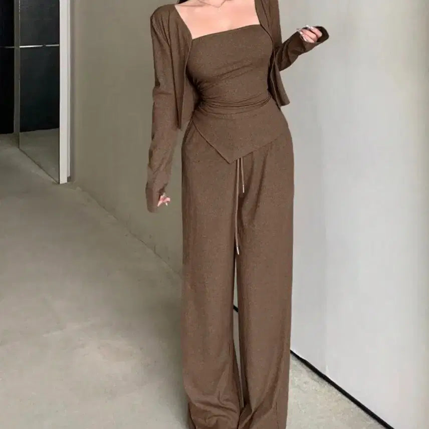 [BUNJANG] Knit Brown Cardigan, Camisole, and Pants Set / 니트 브라운 가디건/나시/바지 세트