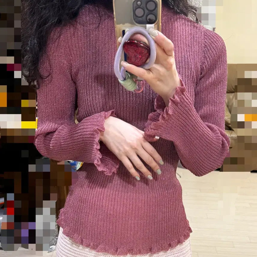 [BUNJANG] JILLSTUART Glitter Ruffle Sleeve Knit Sweater / 마른55 55반 텍ㅇ 새상품 질스튜어트 정가30만 글리터 러플소매 니트 스웨터