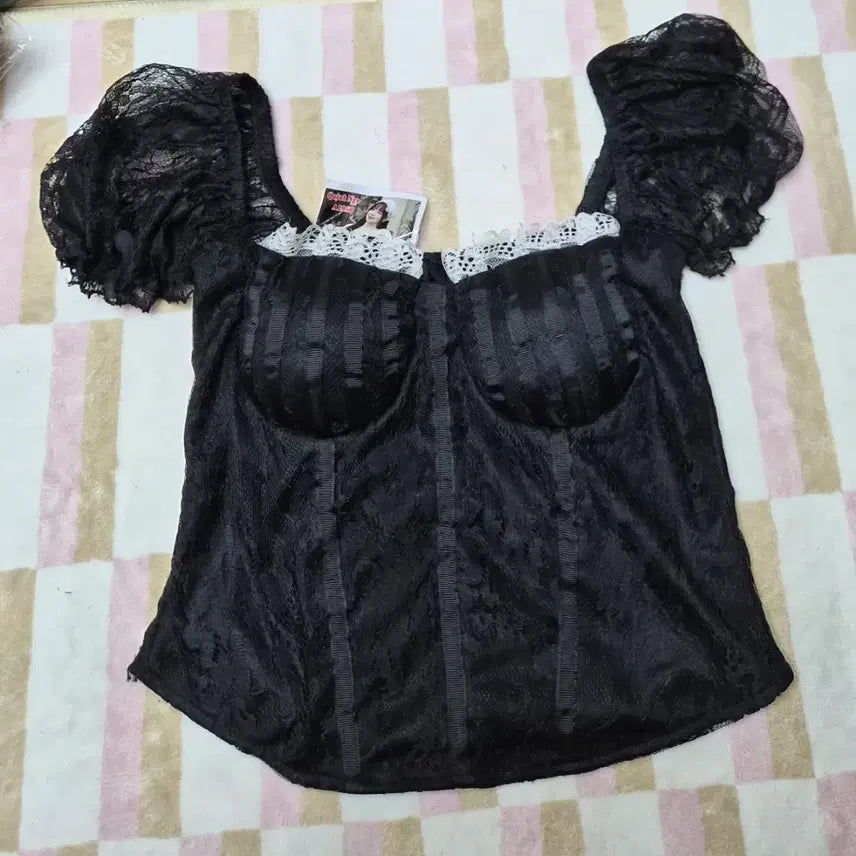 [BUNJANG] Black Lace Puff Sleeve Corset Style Blouse / 블랙 레이스 퍼프 블라우스 코르셋 스타일
