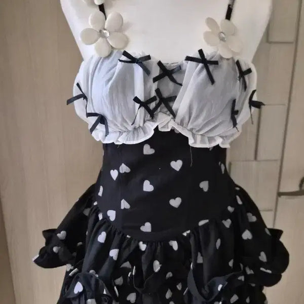 [BUNJANG] Heart Tiered Mini Dress Black/White / 하트 캉캉 원피스 블랙/화이트