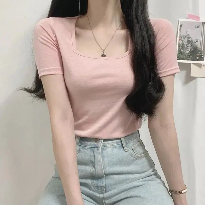 [BUNJANG] Ablly Pink Square Neck Short Sleeve T-Shirt / 에이블리 핑크 스퀘어넥 반팔티