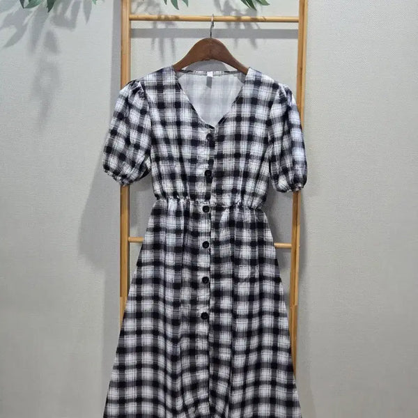 [BUNJANG] V-Neck Checkered Short Sleeve Dress / 브이넥 체크원피스