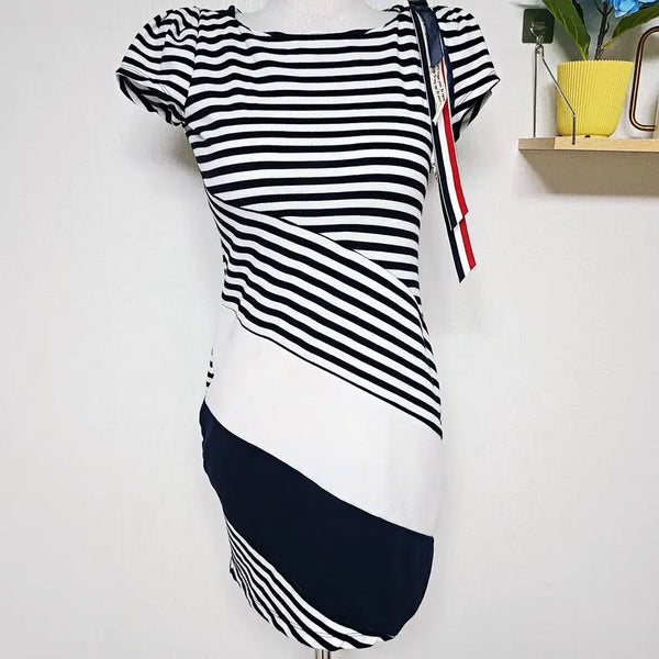 [BUNJANG] VIKI Striped Shoulder Brooch Short Sleeve Dress Navy Size 55 / VIKI 스트라이프 어깨브로치 반팔원피스 55 네이비