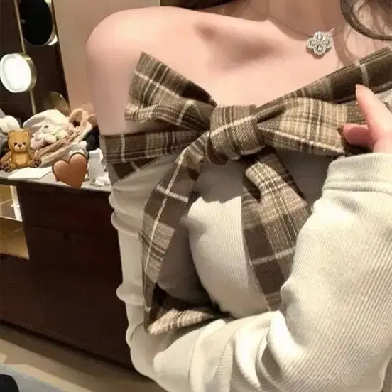 [BUNJANG] Check Ribbon Off-Shoulder T-Shirt / 체크 리본 오프숄더 티셔츠