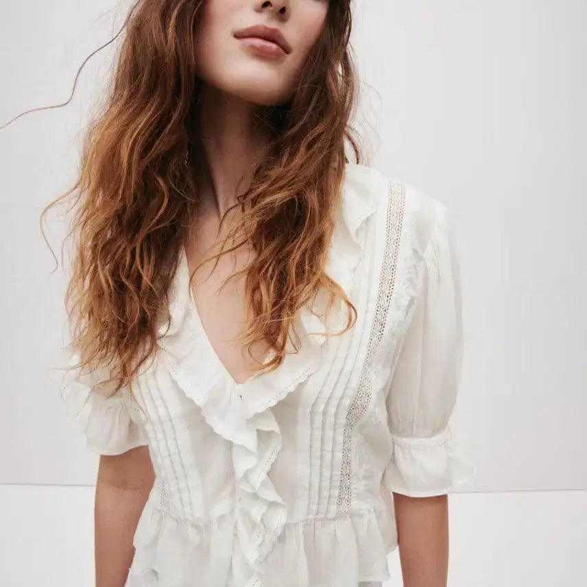 [BUNJANG] Frilled Lace White Blouse - Size L / (새상품)프릴 레이스 화이트 블라우스 L