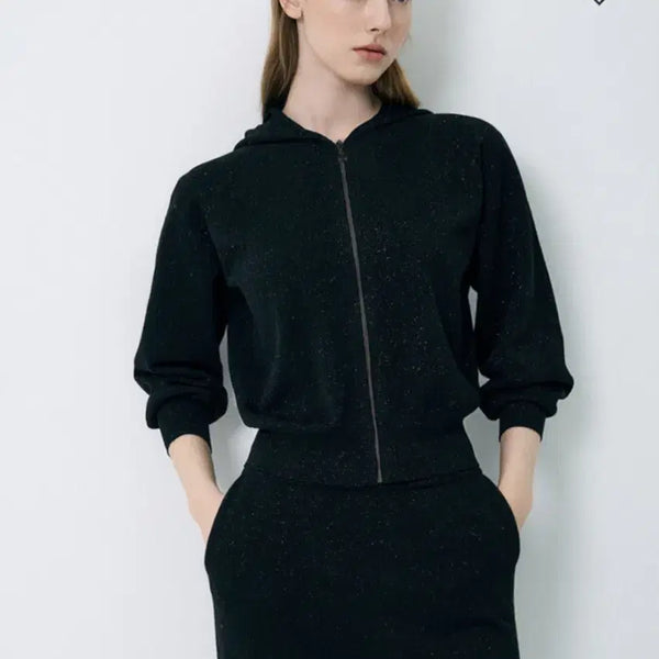 [BUNJANG] LANVIN Collection Glitter Zip-Up Cardigan Black / 한섬 랑방컬렉션 LANVIN 글리터 후드 집업가디건 블랙 타임마인오브제