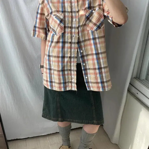 [BUNJANG] Vintage Beige Check Western Short Sleeve Shirt / 빈티지 베이지 체크 웨스턴 반팔 셔츠