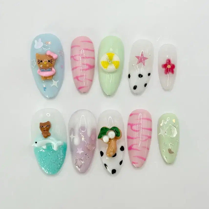 [BUNJANG] Tanning Kitty Summer Gyaru Handmade Press-On Nails / 태닝 키티 여름 갸루 핀터레스트 네일팁 xs/s/m/l 주문제작 수제