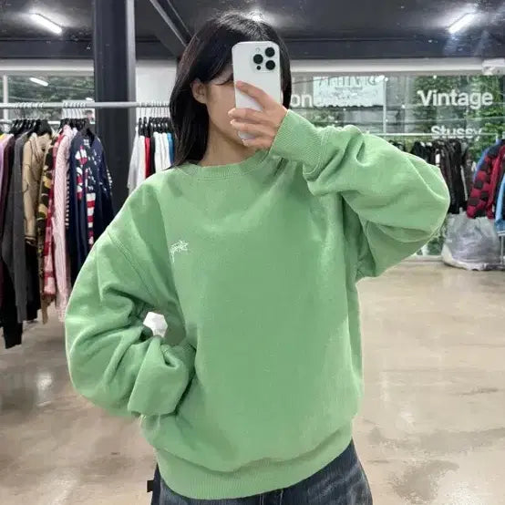 [BUNJANG] Stussy Green Logo Crewneck Sweatshirt / 스투시 STUSSY 라운드넥 맨투맨 그린 로고 아오리 그린 민트 애플민트