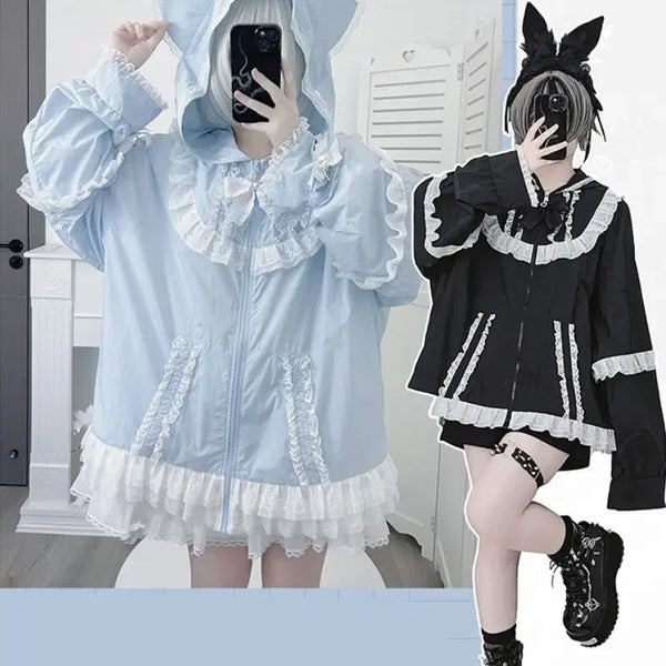 [BUNJANG] Jirai Kei Cat Ear Windbreaker Jumper with Ribbon / 양산형 지뢰계 고양이귀 바람막이 점퍼(리본포함) ~2XL