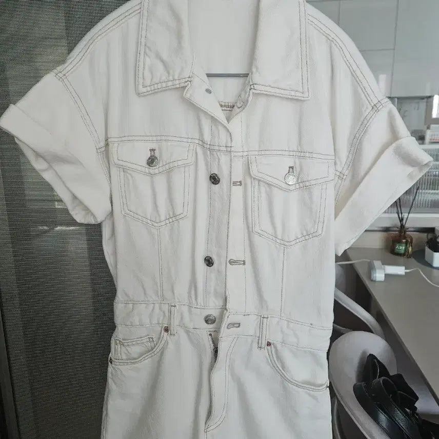 [BUNJANG] Zara White Denim Short Sleeve Jumpsuit / 자라 화이트 데님 반팔 점프수트