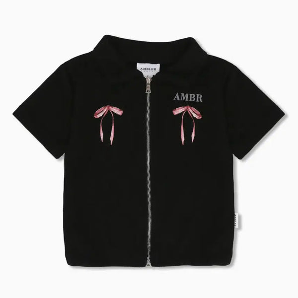 [BUNJANG] EMBLER More Ribbon Please Cropped Collar Zip-up Short Sleeve Knit / 엠블러 More ribbon please 크롭 카라 집업 반팔 니트