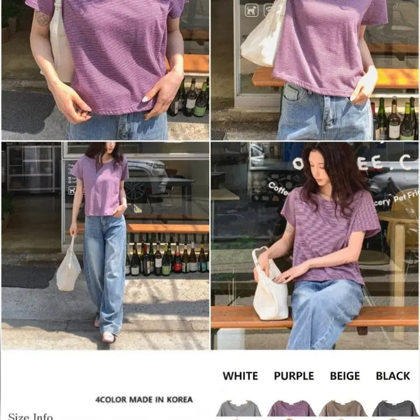 [BUNJANG] Striped Short-Sleeve T-Shirt Round Neck / 스트라이프 반팔 티셔츠 / 라운드넥
