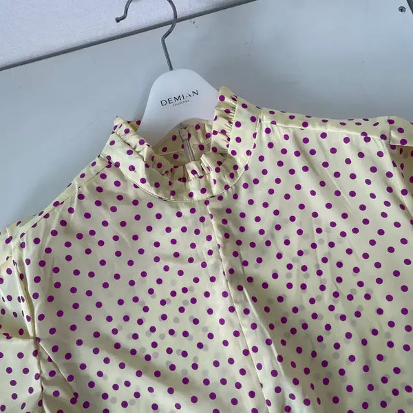 [BUNJANG] Cream Yellow Silk Blouse with Purple Dot Pattern and Frill Detail / 크림옐로우 실크 블라우스